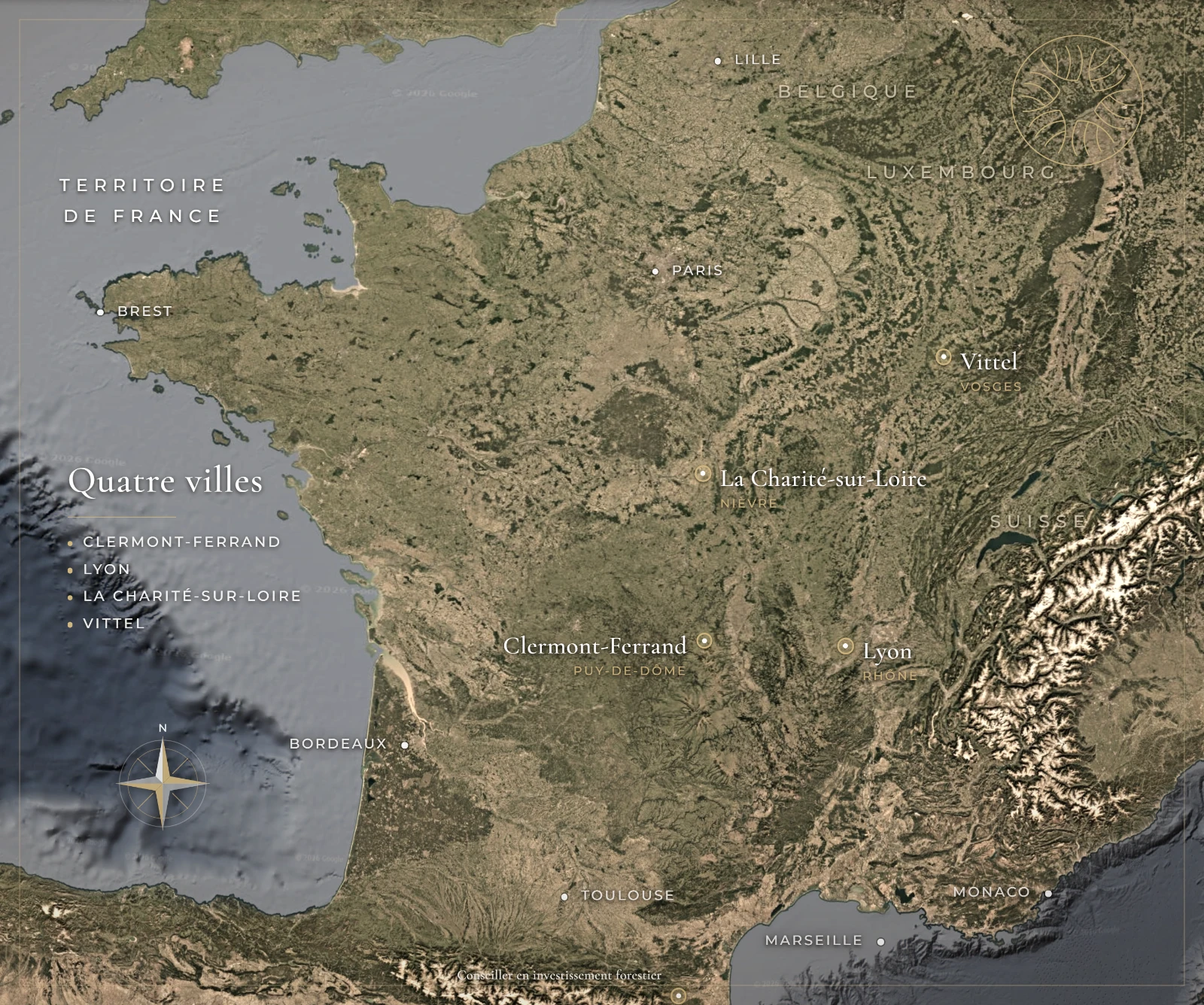 Carte des massifs forestiers de France et des quatre bureaux de TerrAgree Forêt