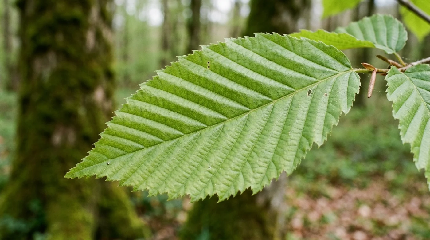 Feuille de charme dentée, à nervures parallèles marquées, en sous-bois