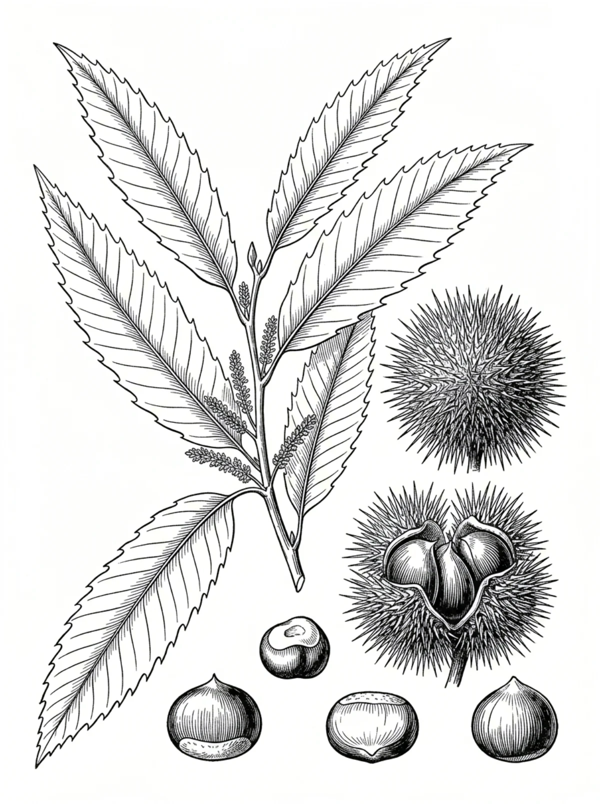 Planche botanique du châtaignier, rameau feuillé, chatons, bogue épineuse ouverte et châtaignes