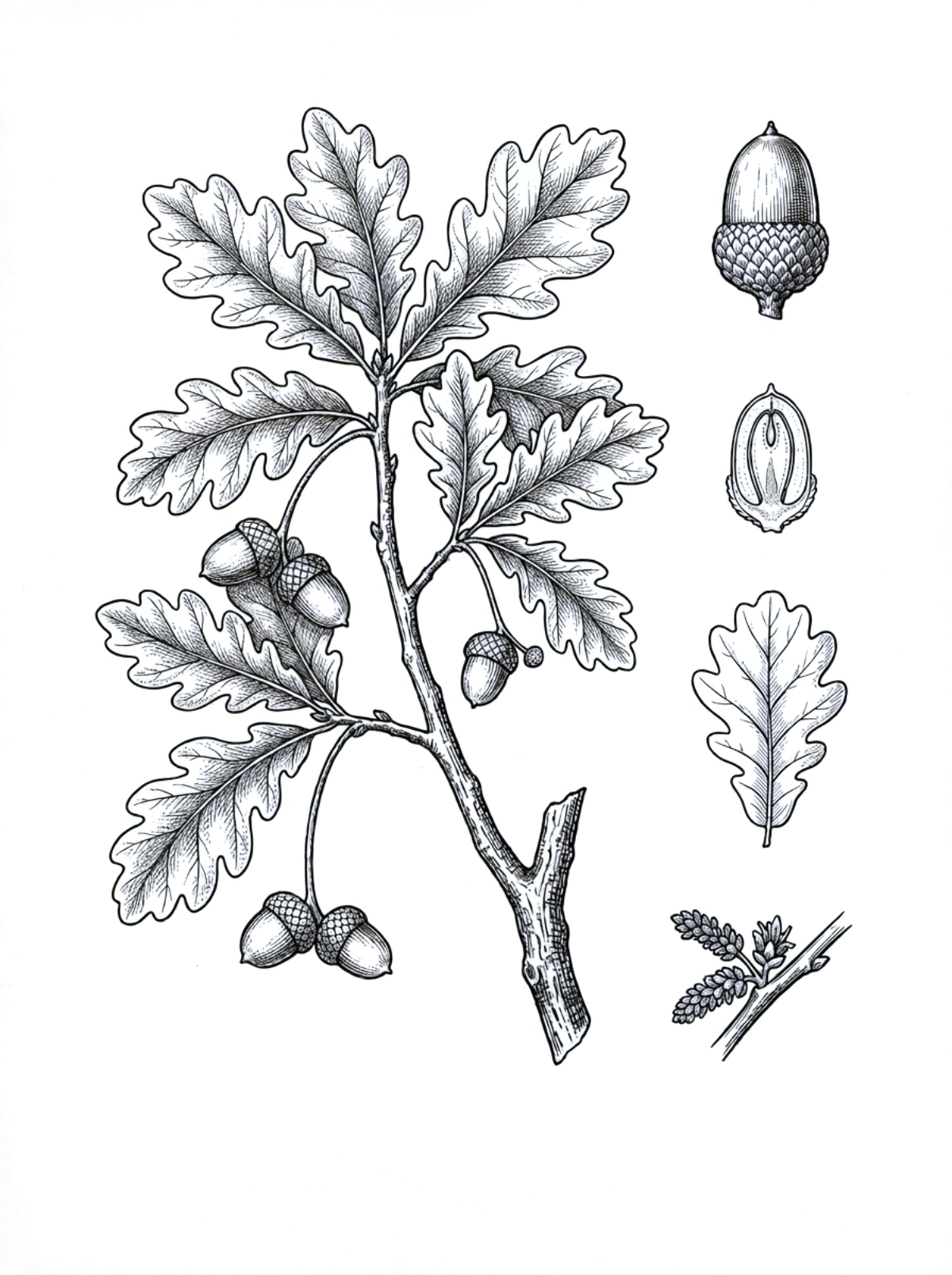 Planche botanique du chêne, rameau feuillé, glands pédonculés et sessiles, coupe de gland et chatons