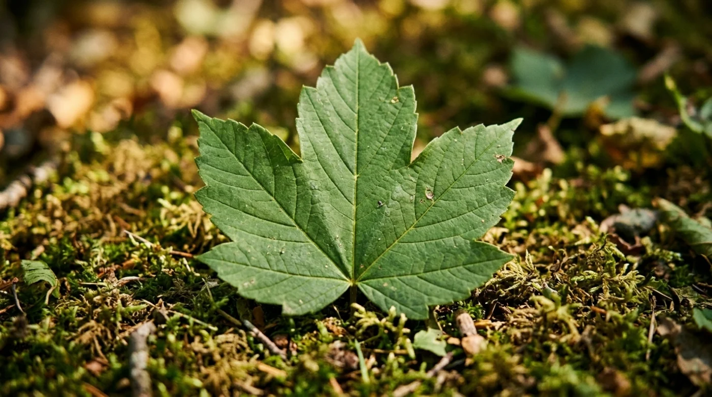 Feuille d'érable sycomore à cinq lobes dentés, posée sur le sol forestier