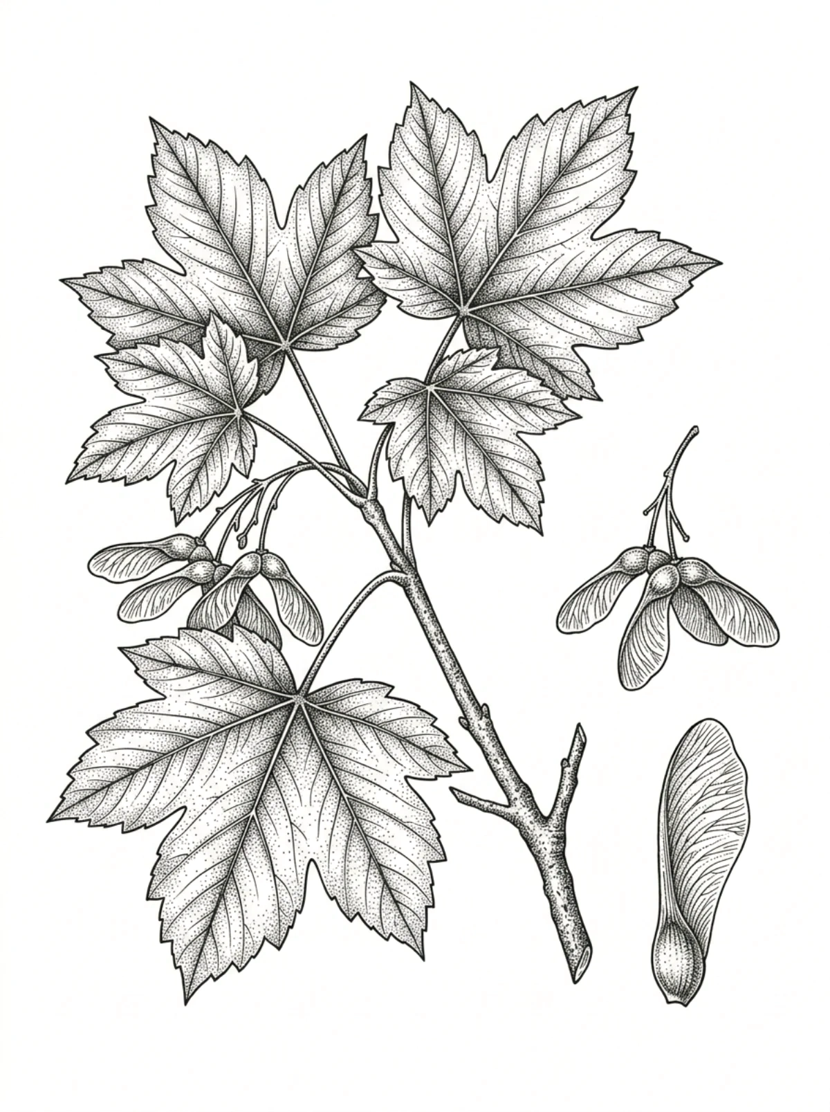 Planche botanique de l'érable sycomore, rameau feuillé à ramification opposée, feuilles à cinq lobes et doubles samares