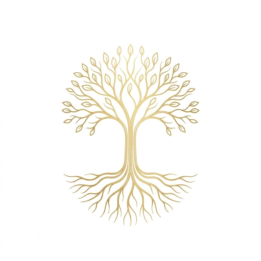 Arbre dessiné au trait doré, houppier et système racinaire symétriques