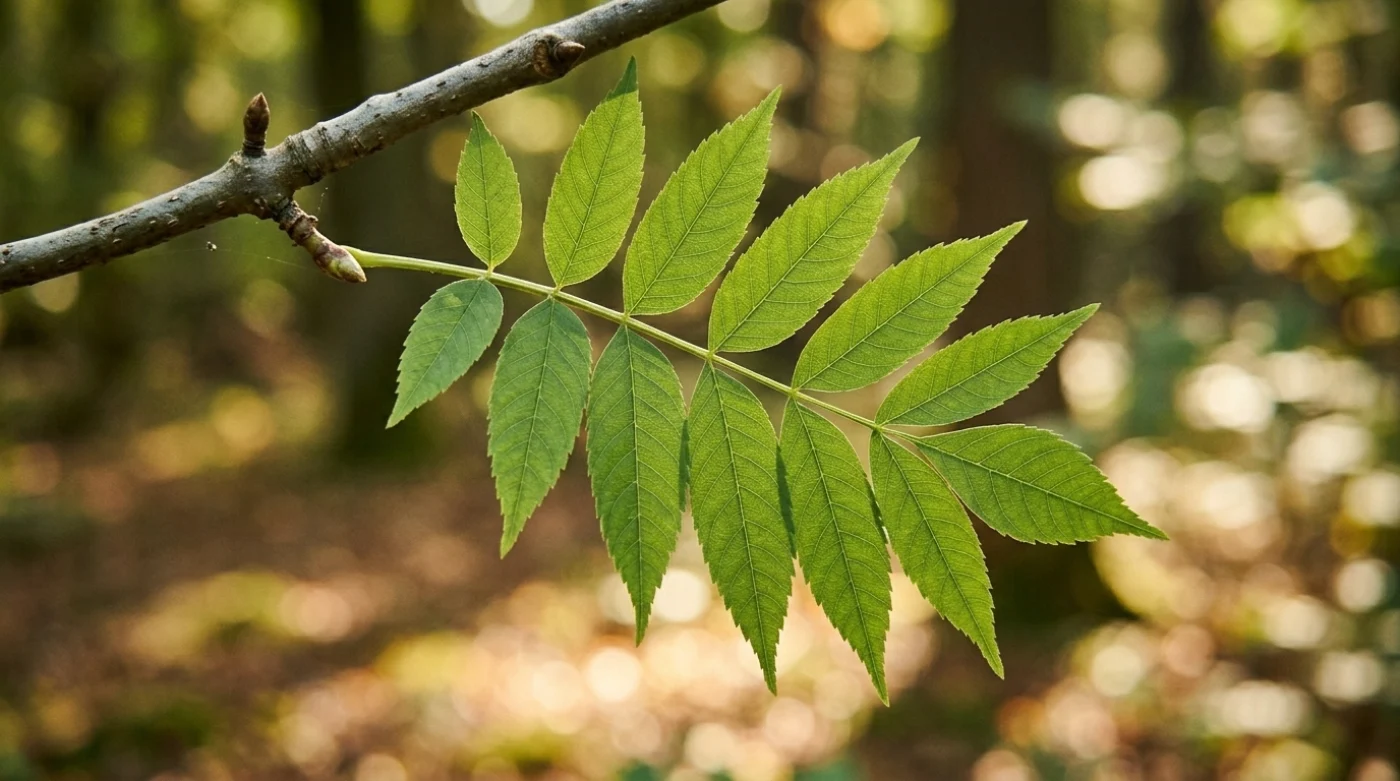 Feuille composée de frêne commun portée par un rameau opposé, en sous-bois