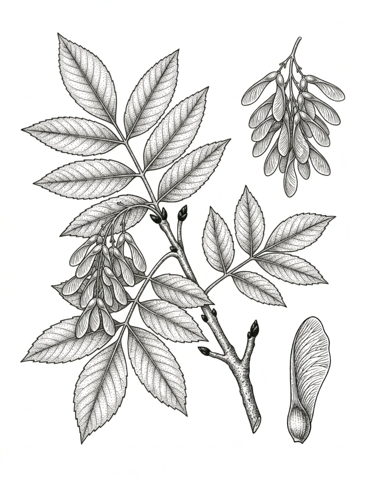 Planche botanique du frêne commun, feuilles composées, grappes de samares, bourgeons noirs et samare isolée