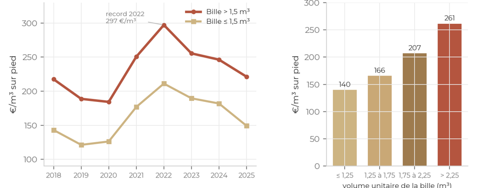 Deux graphiques : à gauche le prix du chêne en euros par mètre cube sur pied pour la bille de plus et de moins de 1,5 mètre cube de 2018 à 2025, à droite le prix par tranche de volume unitaire de la bille