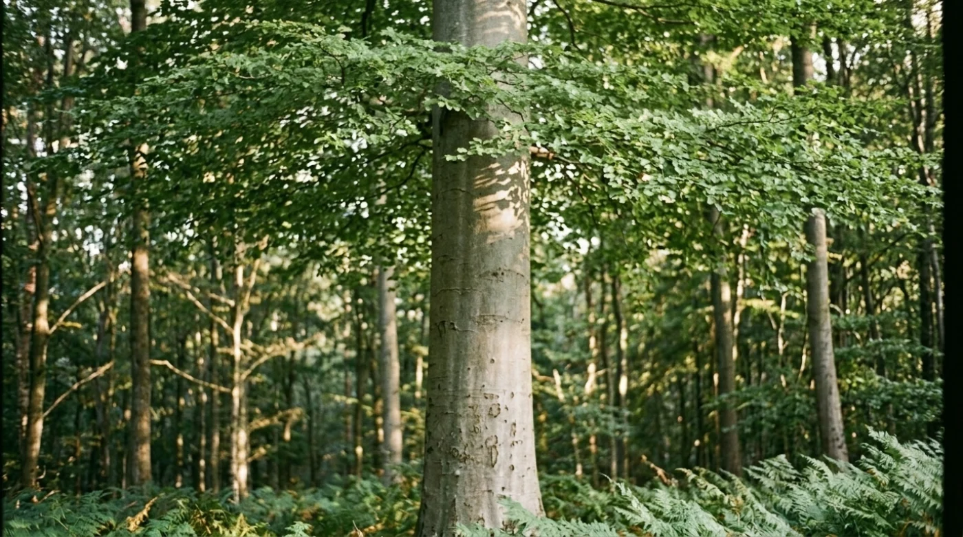 Hêtre en futaie, tronc lisse et gris clair, feuillage dense sous couvert forestier