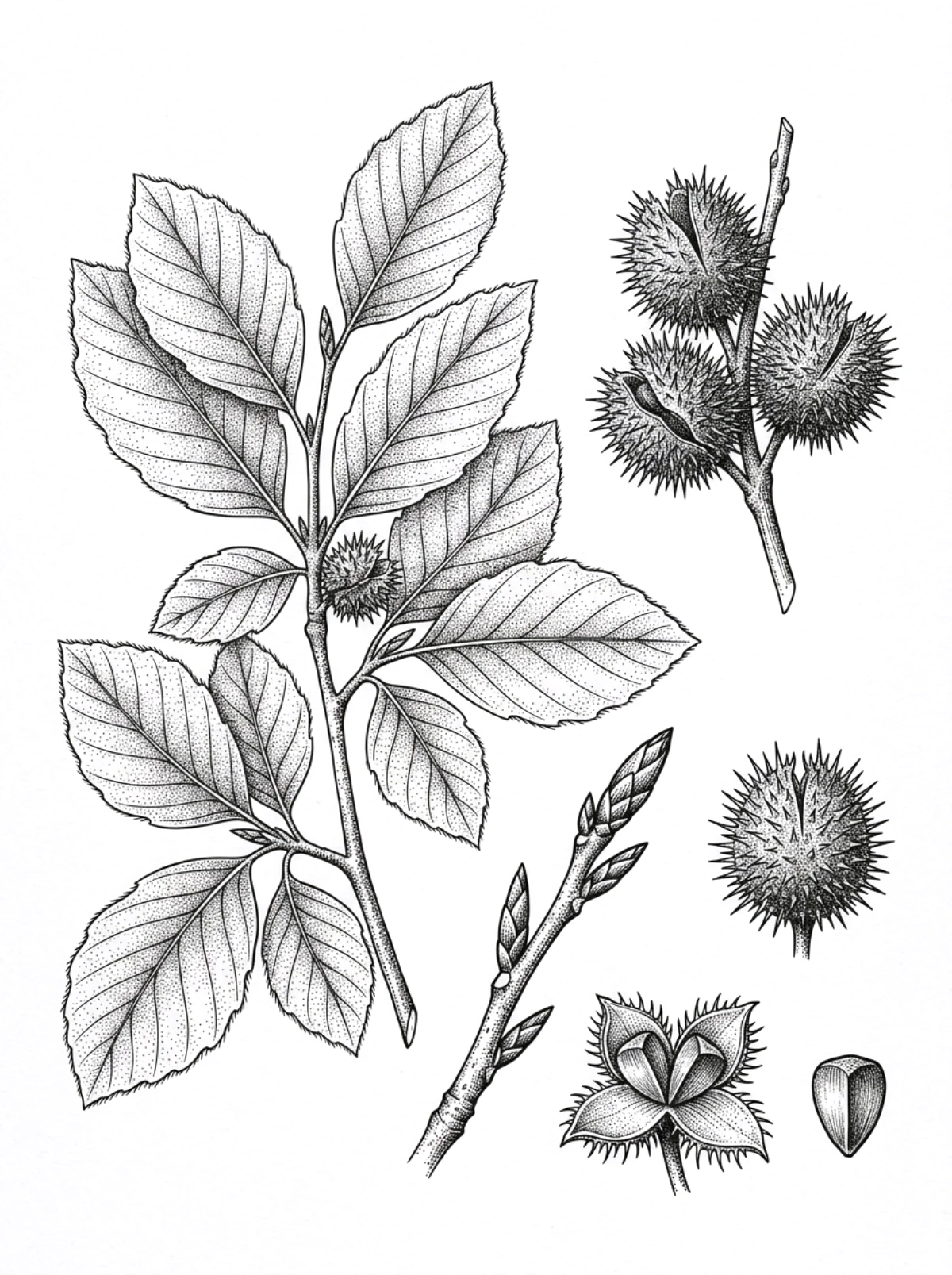 Planche botanique du hêtre, rameau feuillé, bourgeons fusiformes, cupules hérissées et faînes