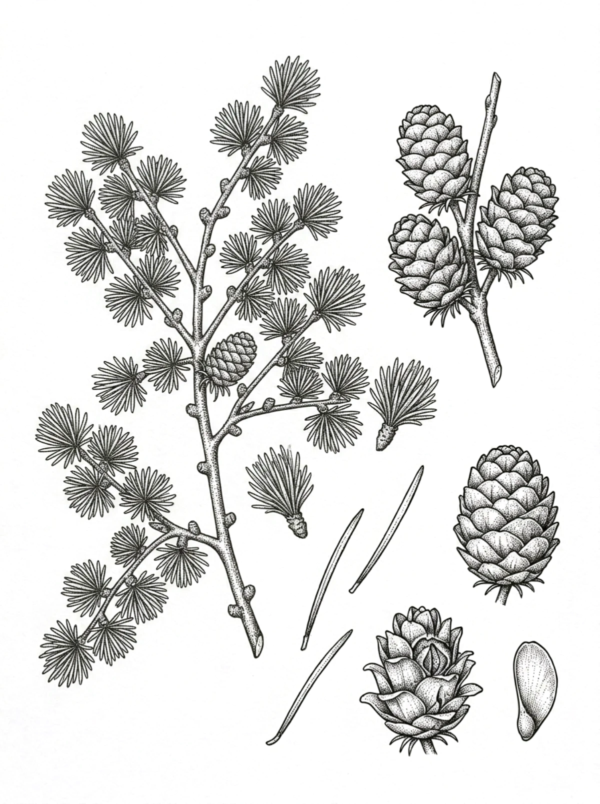 Planche botanique du mélèze, rameau aux aiguilles en rosettes, cônes dressés, aiguilles isolées et graine ailée