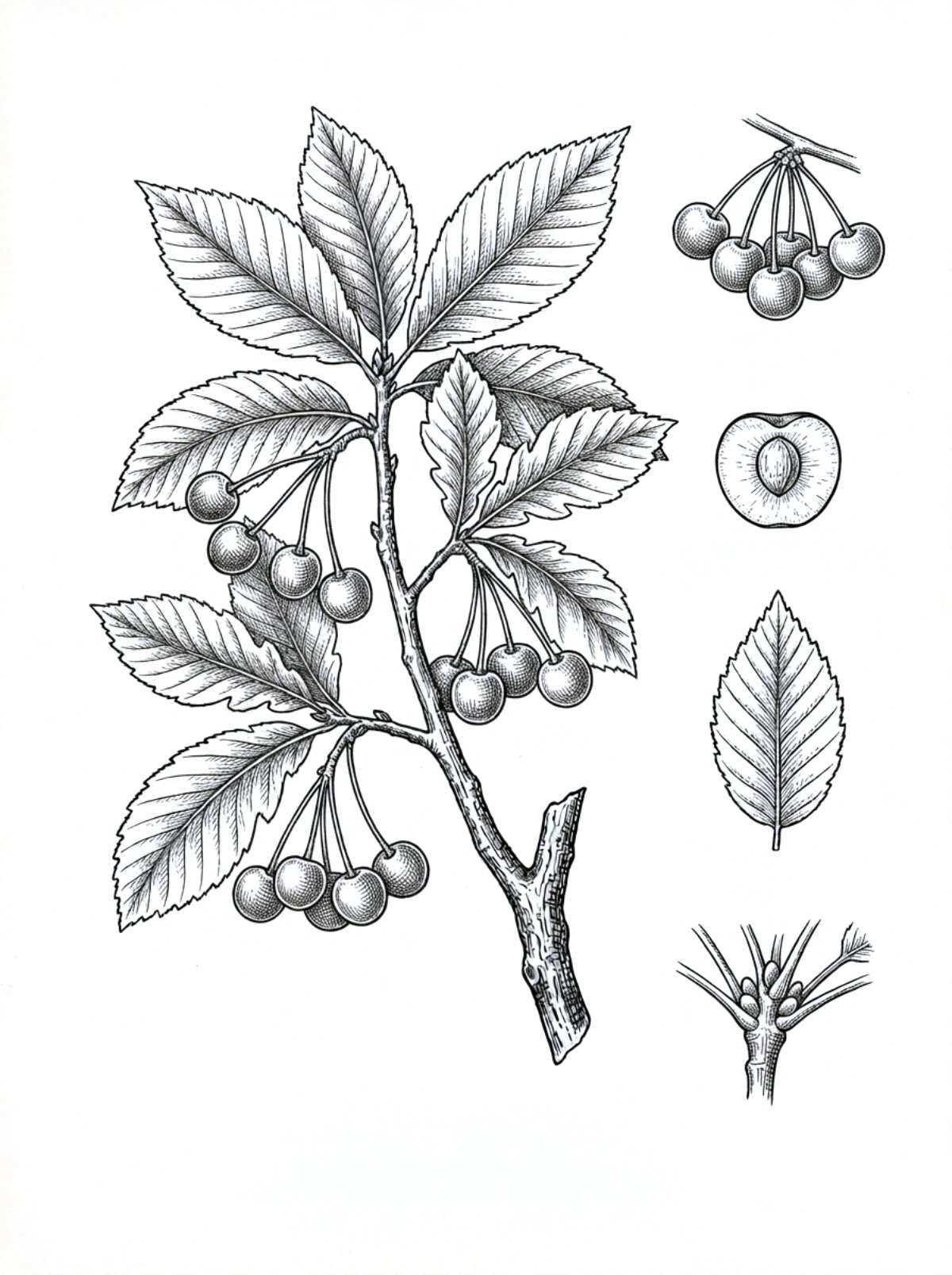 Planche botanique du merisier, rameau feuillé, merises à long pédoncule, coupe du fruit et bourgeons
