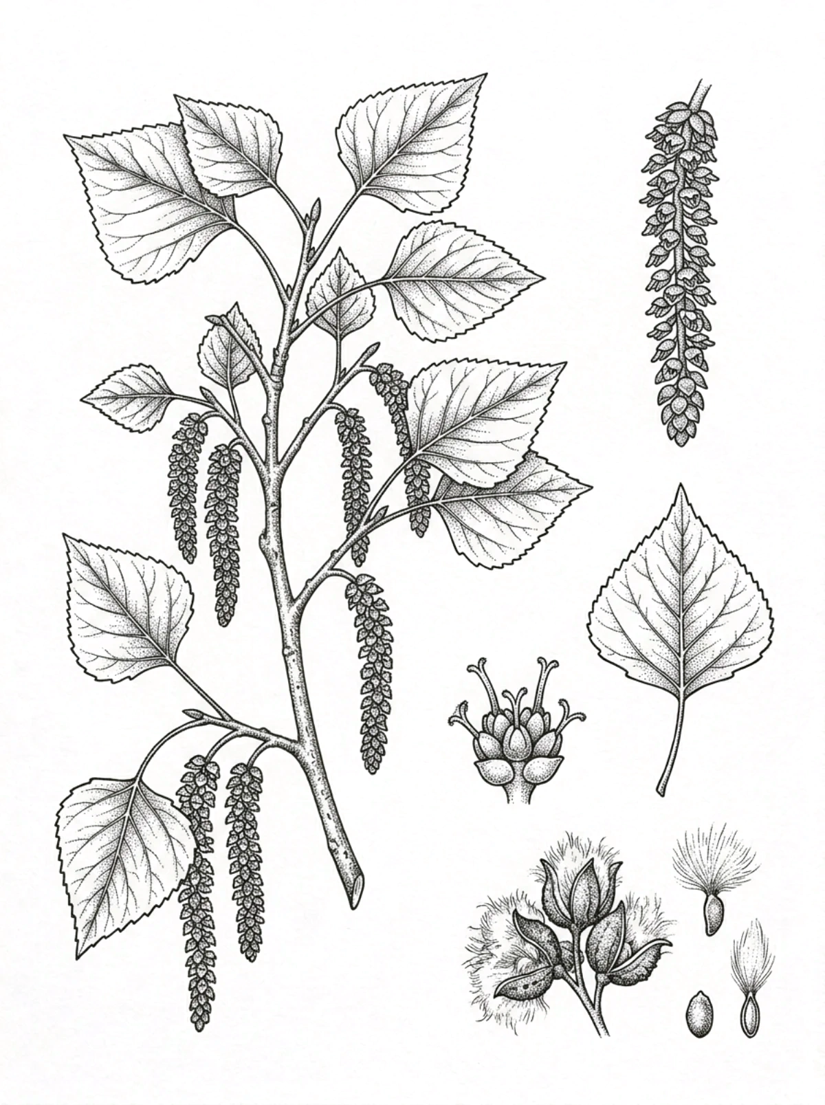 Planche botanique du peuplier, rameau feuillé, chatons pendants, fleur et graines à aigrette