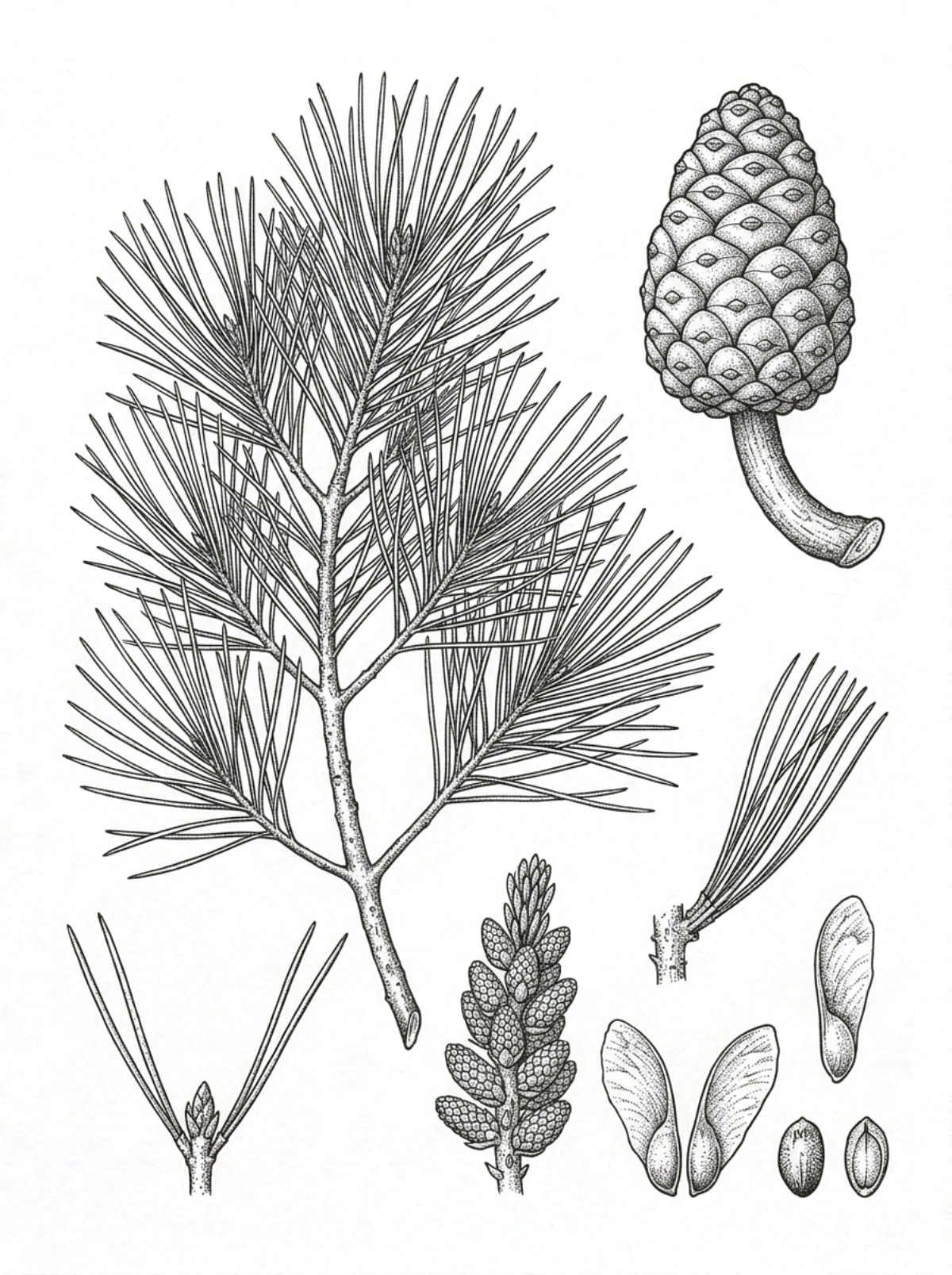 Planche botanique du pin d'Alep, rameau aux aiguilles par deux, cône à gros pédoncule, bourgeon et graines ailées