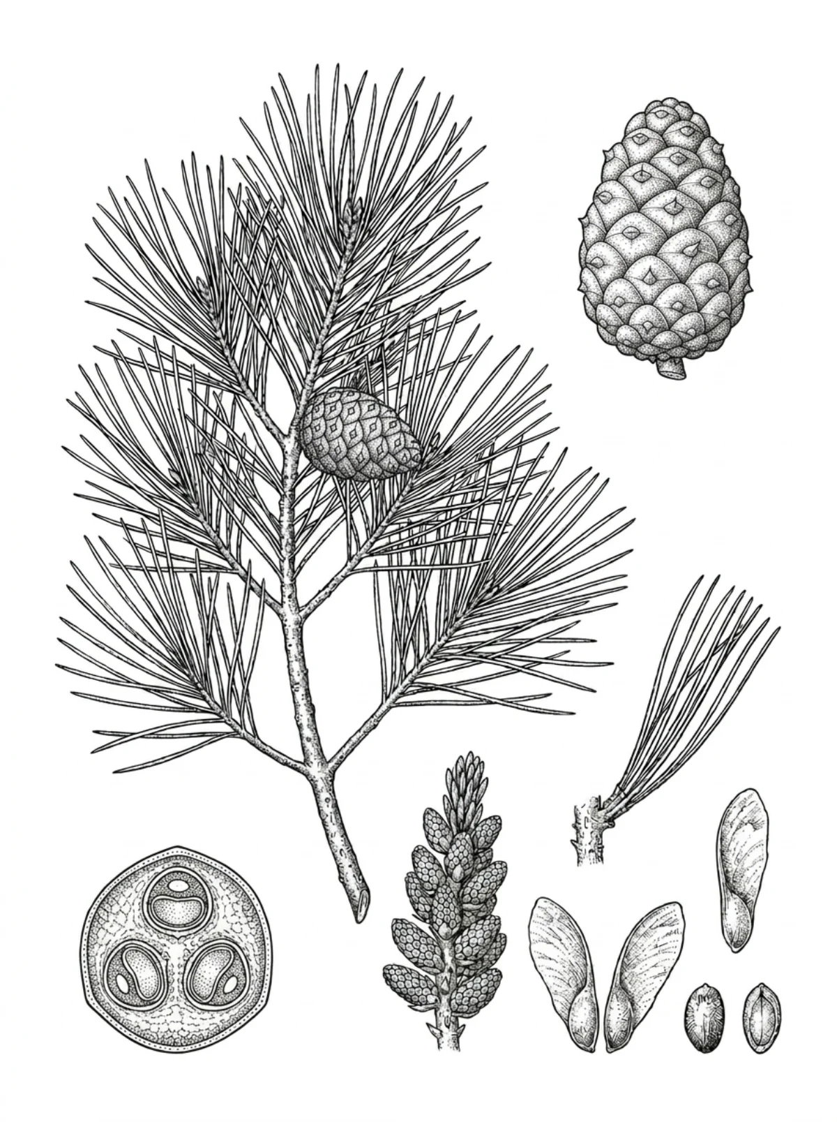 Planche botanique du pin laricio, rameau aux longues aiguilles par deux, cône, coupe et graines ailées