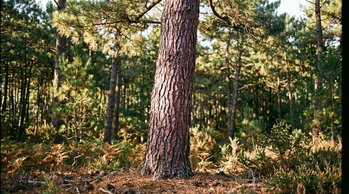 Pin maritime en futaie, tronc à écorce rouge sombre profondément crevassée, sous-bois de fougères