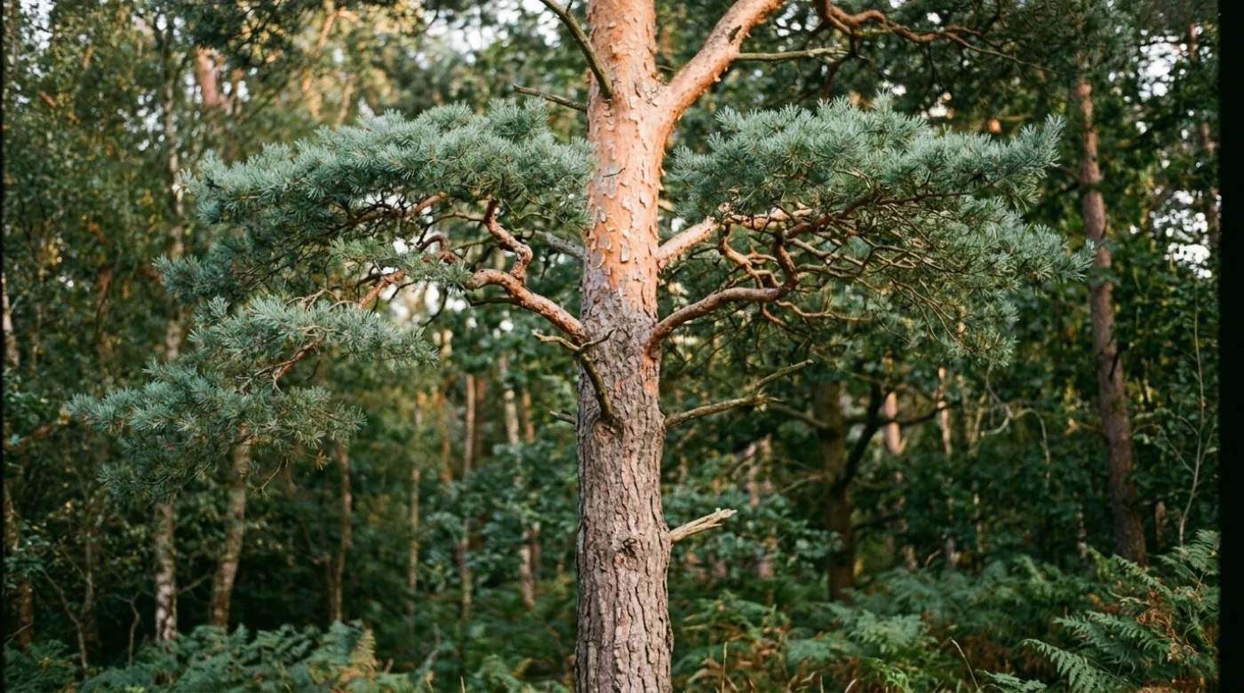Pin sylvestre en sous-bois, tronc à écorce ocre saumon dans sa partie haute et houppier clair