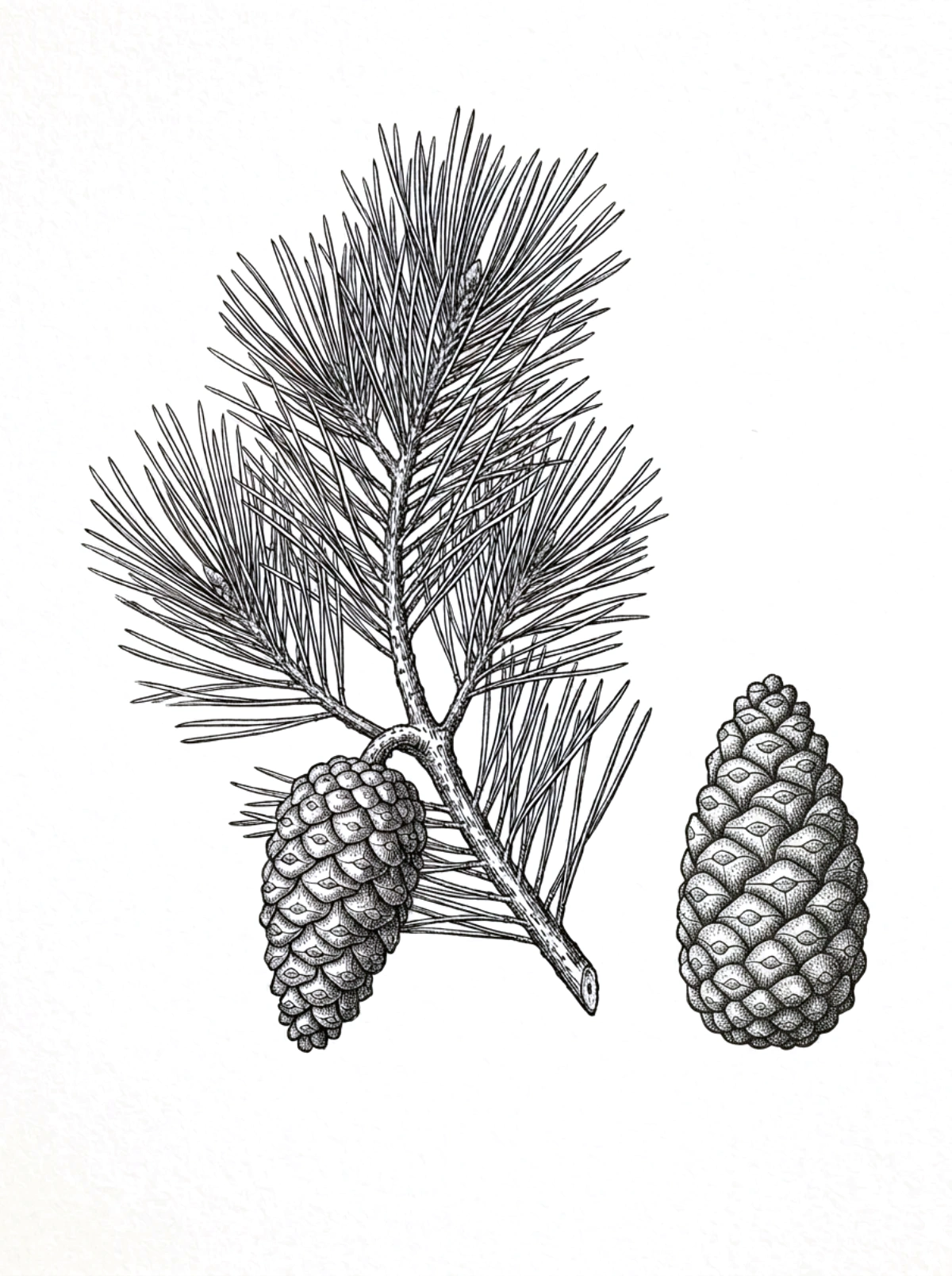 Planche botanique du pin sylvestre, rameau aux aiguilles courtes par deux et cônes pointus