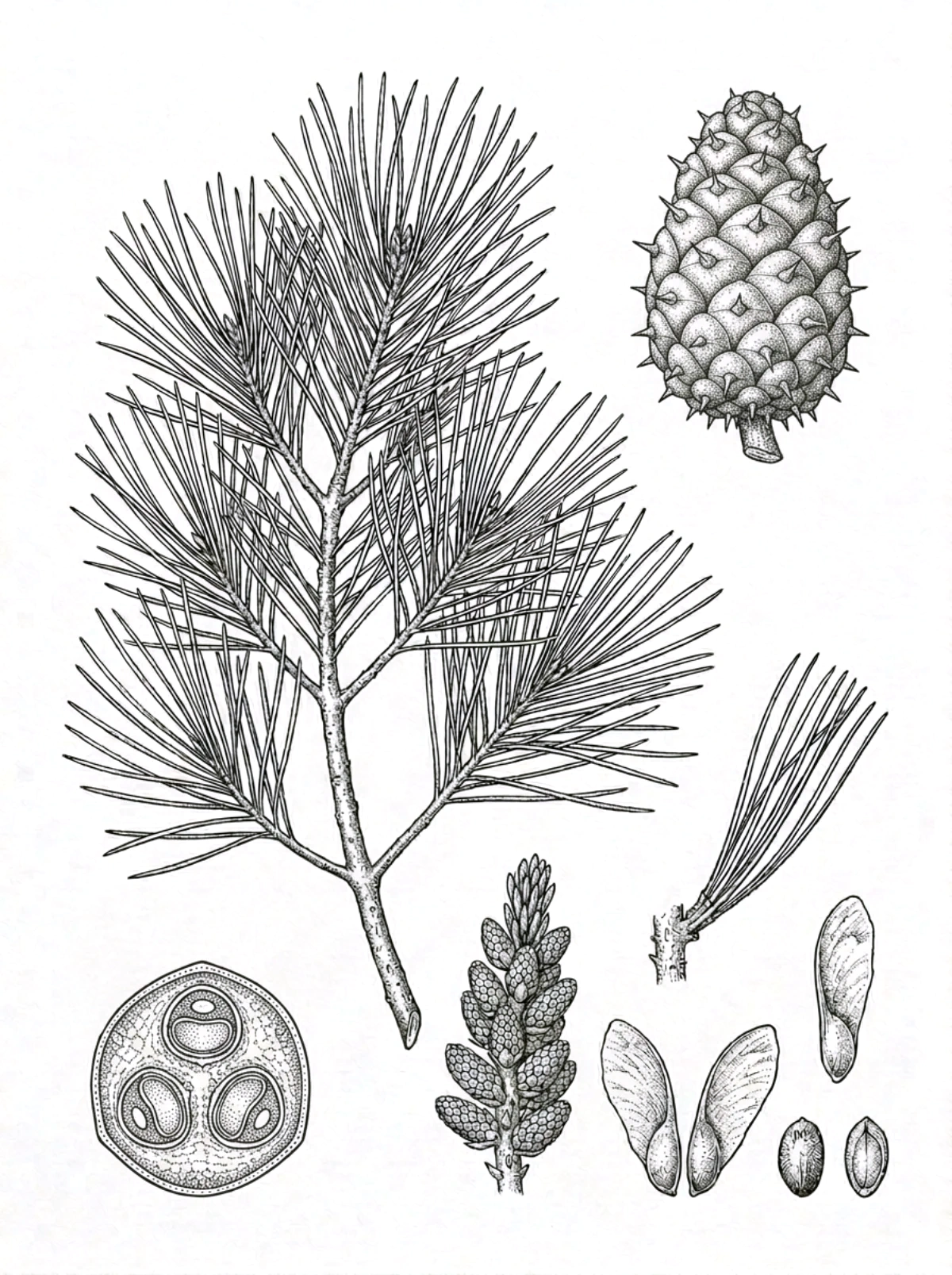 Planche botanique du pin taeda, rameau aux aiguilles groupées par trois, cône épineux, coupe et graines ailées
