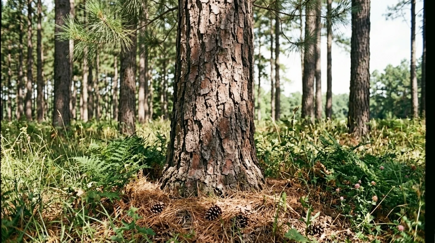 Plantation de pin taeda, troncs droits à écorce écailleuse et cônes tombés au sol