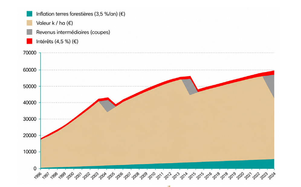 Graphique empilé : inflation foncière, valeur du capital sur pied, revenus intermédiaires et intérêts, de 1996 à 2024, jusqu'à près de 58 400 € par hectare