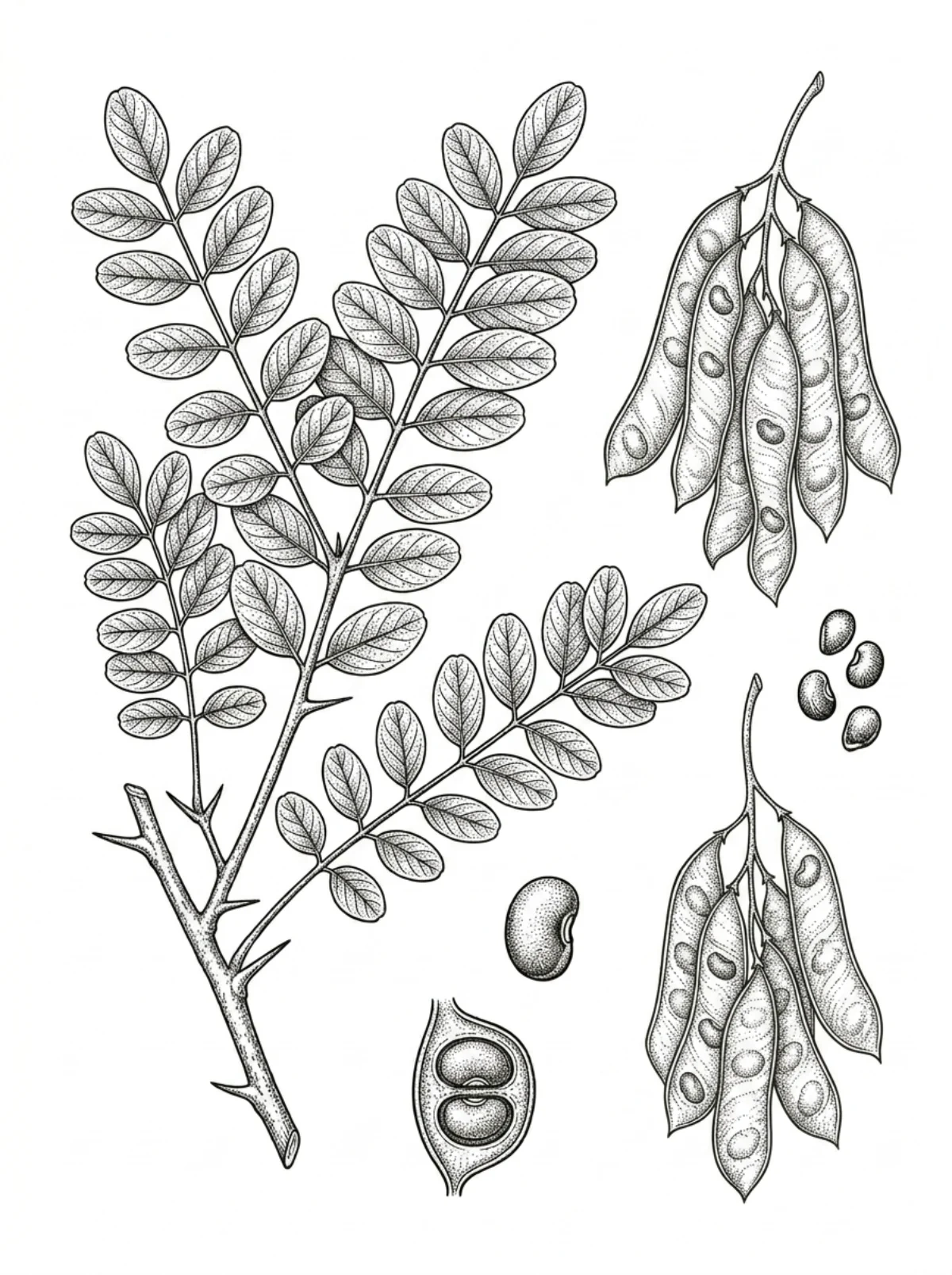 Planche botanique du robinier, feuilles composées, rameau épineux, gousses plates et graines