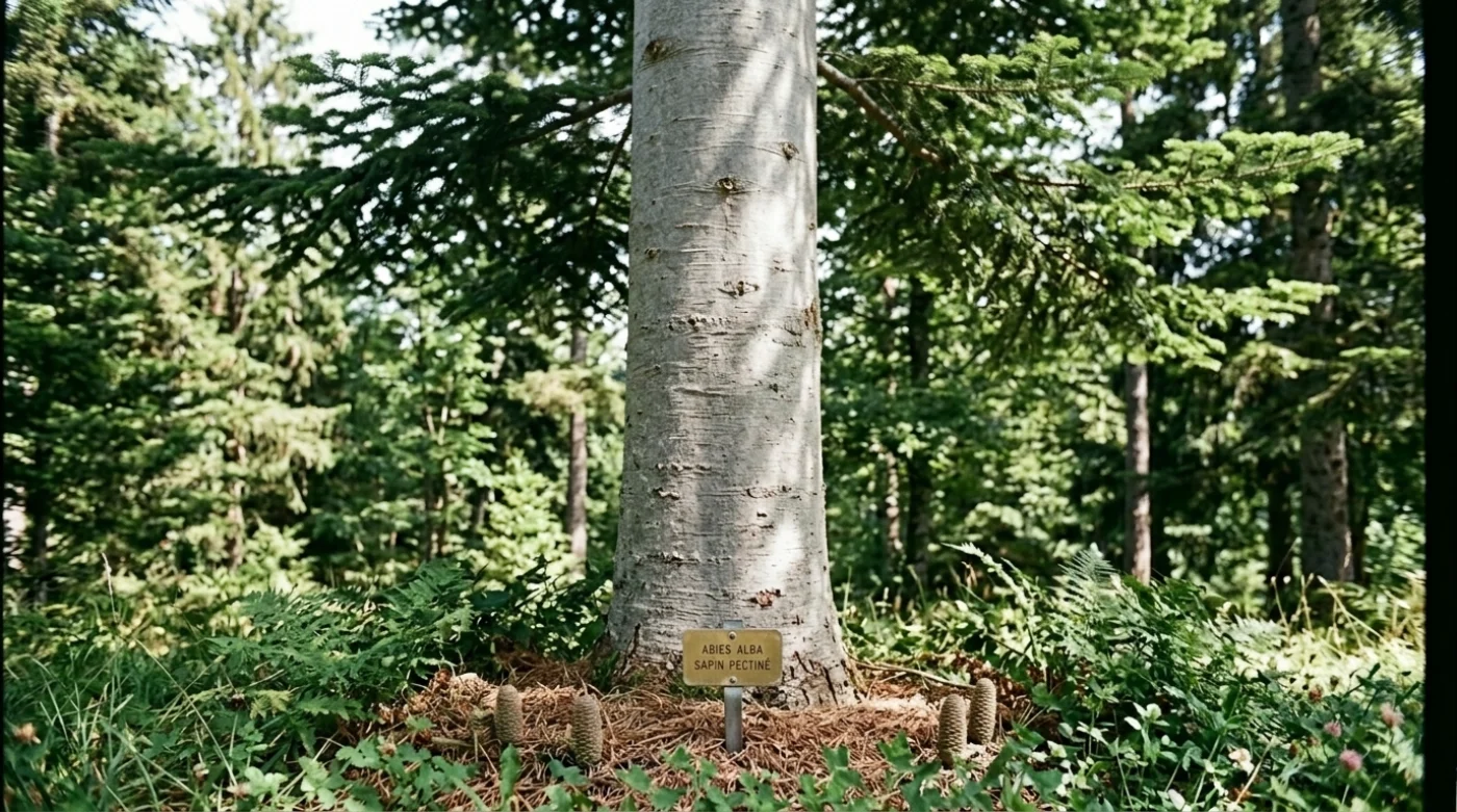 Sapin pectiné en futaie, tronc à écorce lisse et gris argenté, étiquette Abies alba au pied