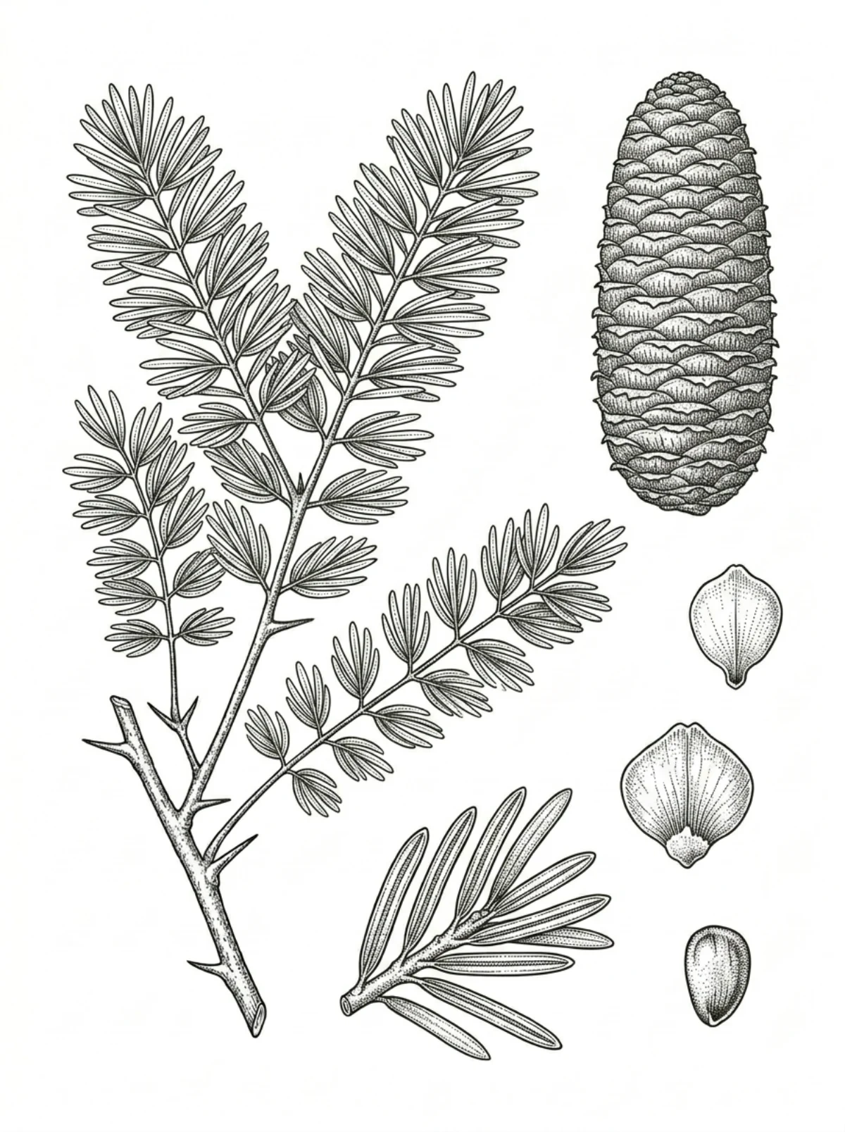 Planche botanique du sapin pectiné, rameau aux aiguilles pectinées, cône dressé, écailles et graine